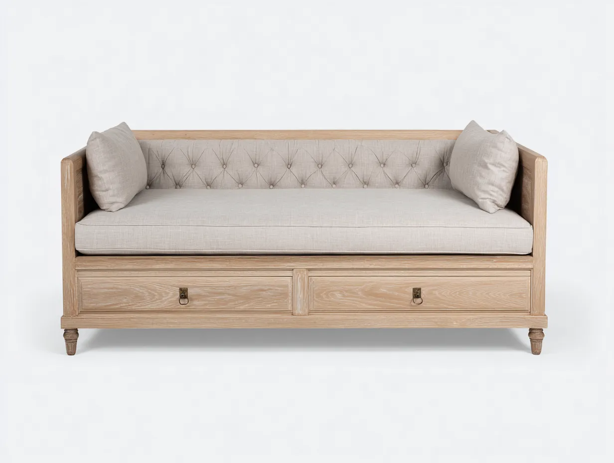 Sofá cama de madera con cajones 200x90x85 cm - color natural - diseño clásico para dormitorio-Nookgetly