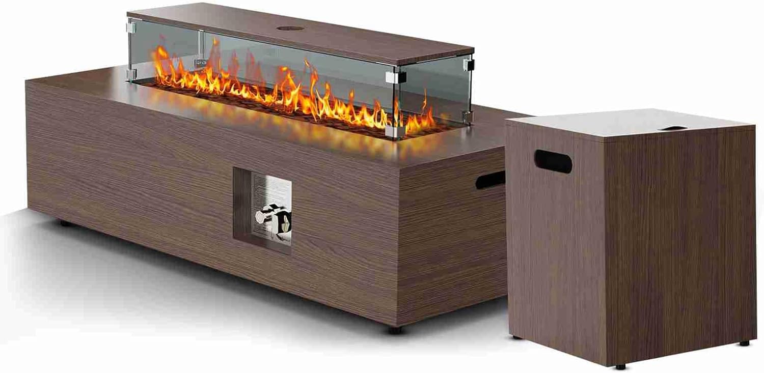 Mesa de pozo de fuego de gas con protector de viento de vidrio para patio y terraza,color marrón-Nookgetly