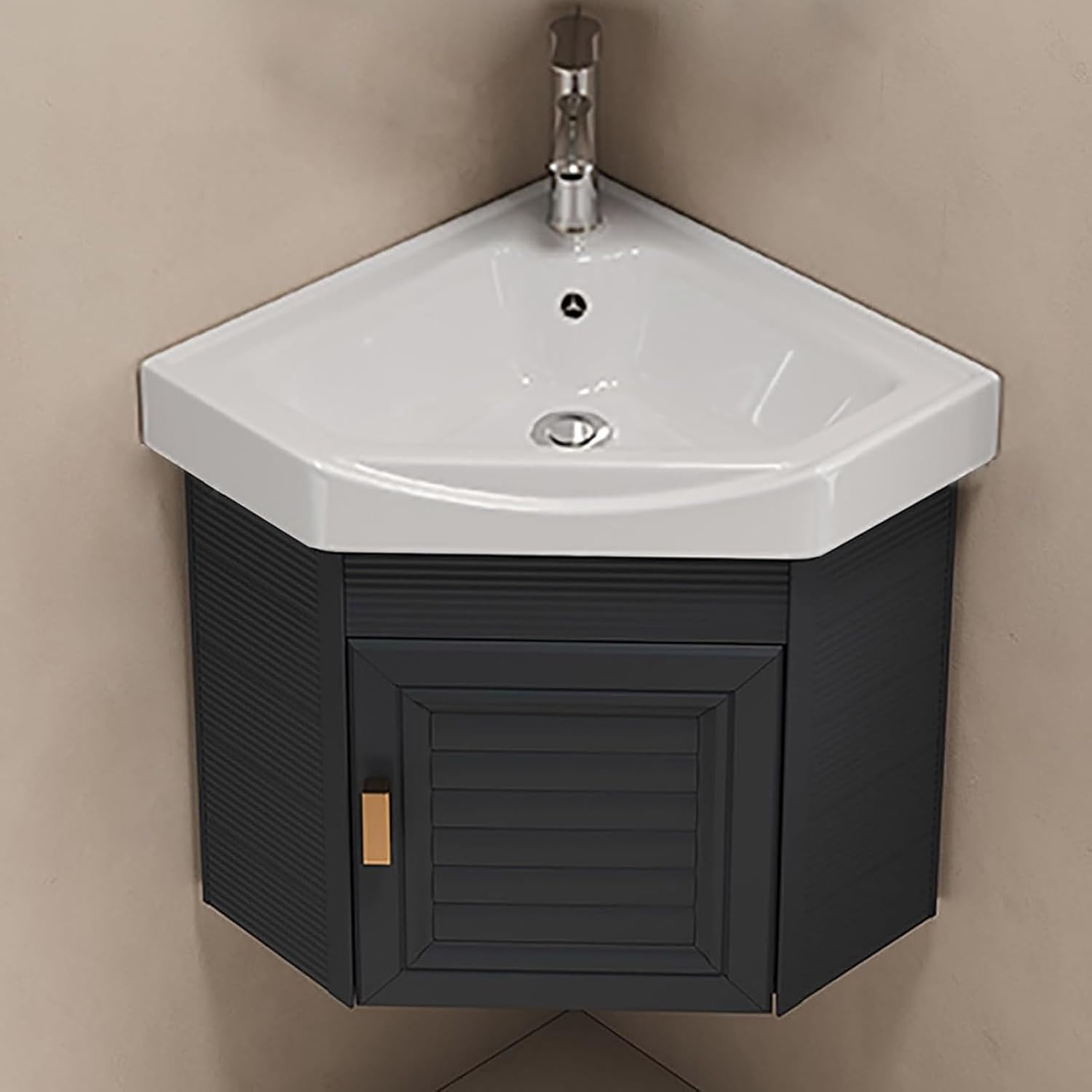 Fregadero esquinero flotante blanco con armario de almacenamiento cerámica y bisagras inoxidables para baño pequeño-Nookgetly
