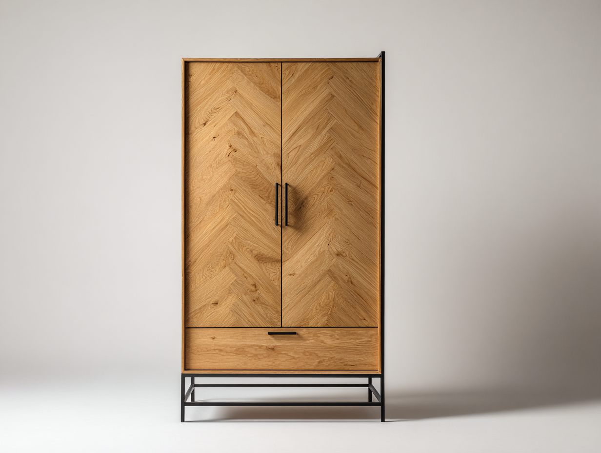 Armario 2 puertas de madera y metal 95x55x185 cm - color natural - diseño industrial para dormitorio-Nookgetly