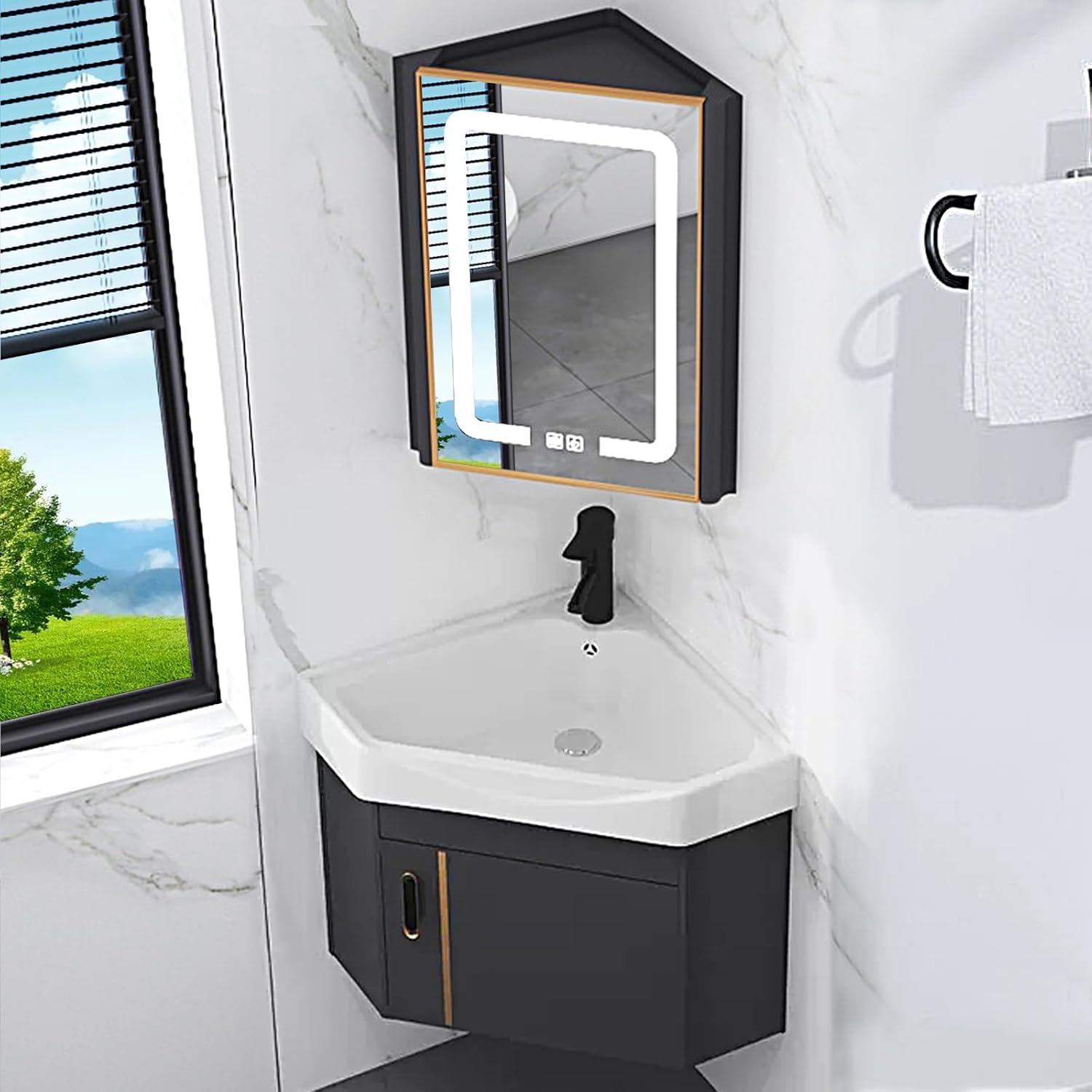 Tocador de baño esquinero con fregadero de cerámica y armario con espejo, conjunto mural para baño pequeño-Nookgetly