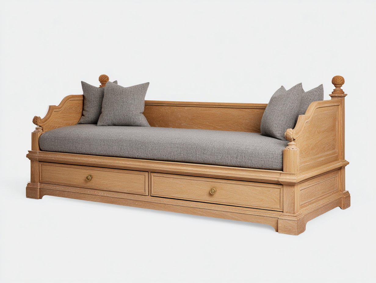 Sofá cama de madera con 2 cajones 200x90x85 cm - marrón-gris - sofá cama multifuncional - diseño clásico-Nookgetly