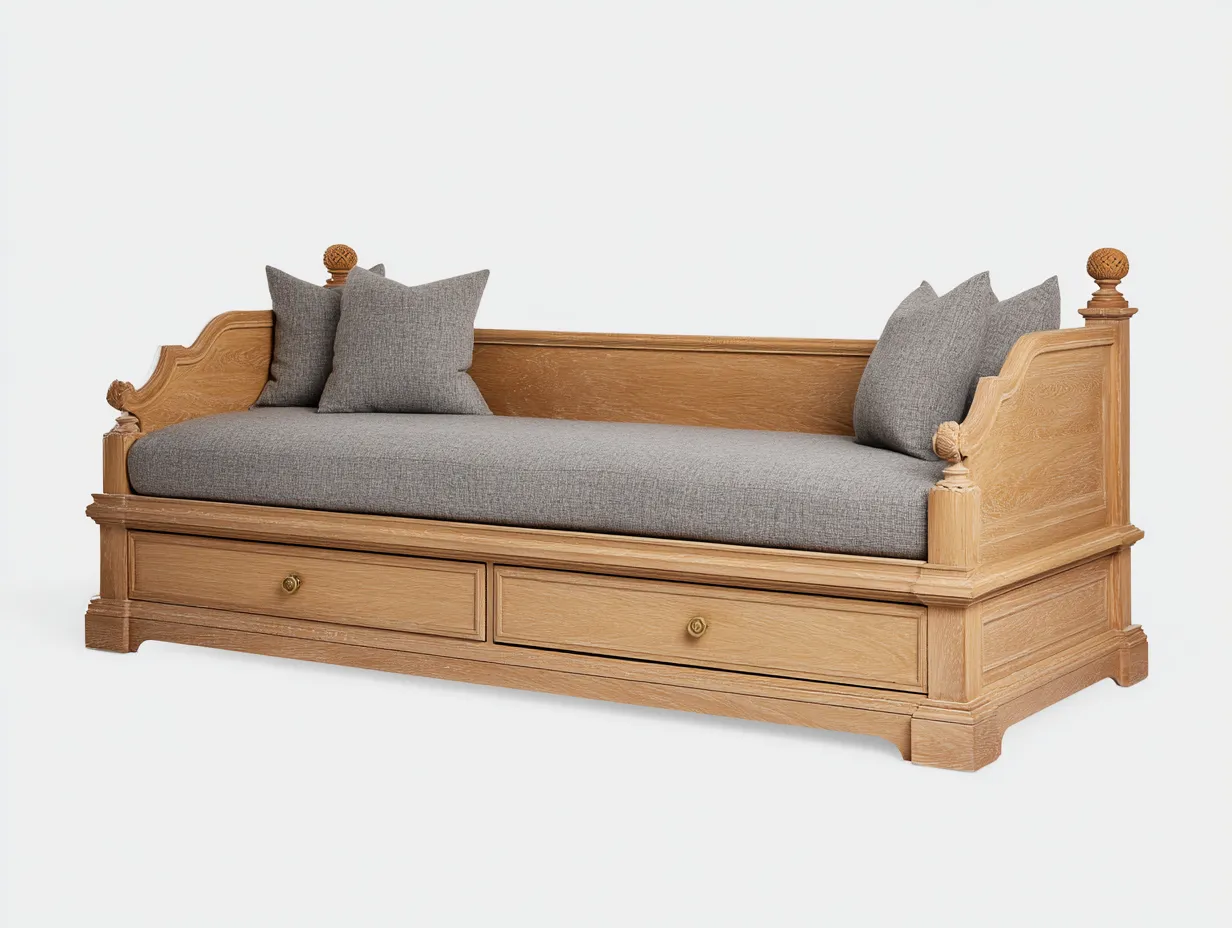 Sofá cama de madera con 2 cajones 200x90x85 cm - marrón-gris - sofá cama multifuncional - diseño clásico-Nookgetly