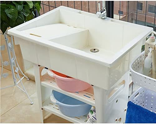 Fregadero de lavandería independiente con grifo tabla de lavado kit de drenaje y estante para jardín balcón garaje-Nookgetly
