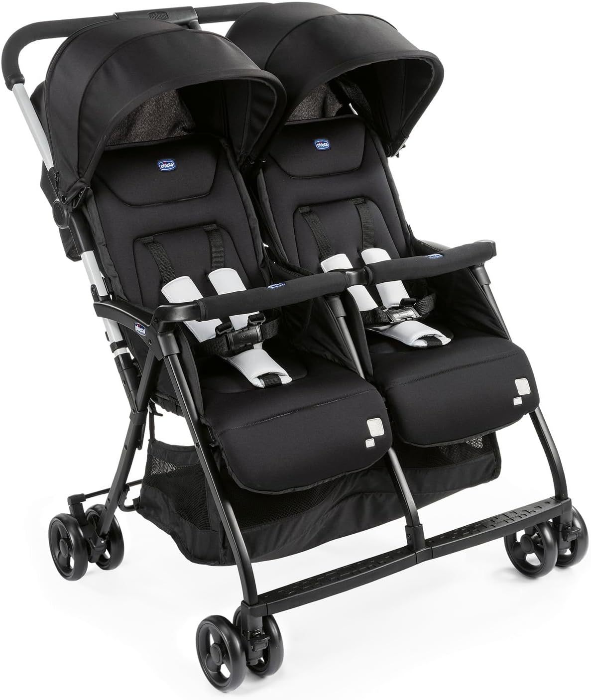Chicco OHlalà Twin silla de paseo gemelar reclinable y plegable desde 0 meses hasta 15 kg por asiento, cochecito doble ligero con cubierta de lluvia, negro-Nookgetly