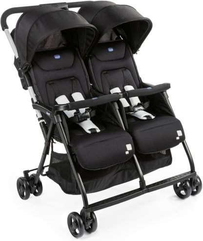 Chicco OHlalà Twin silla de paseo gemelar reclinable y plegable desde 0 meses hasta 15 kg por asiento, cochecito doble ligero con cubierta de lluvia, negro-Nookgetly
