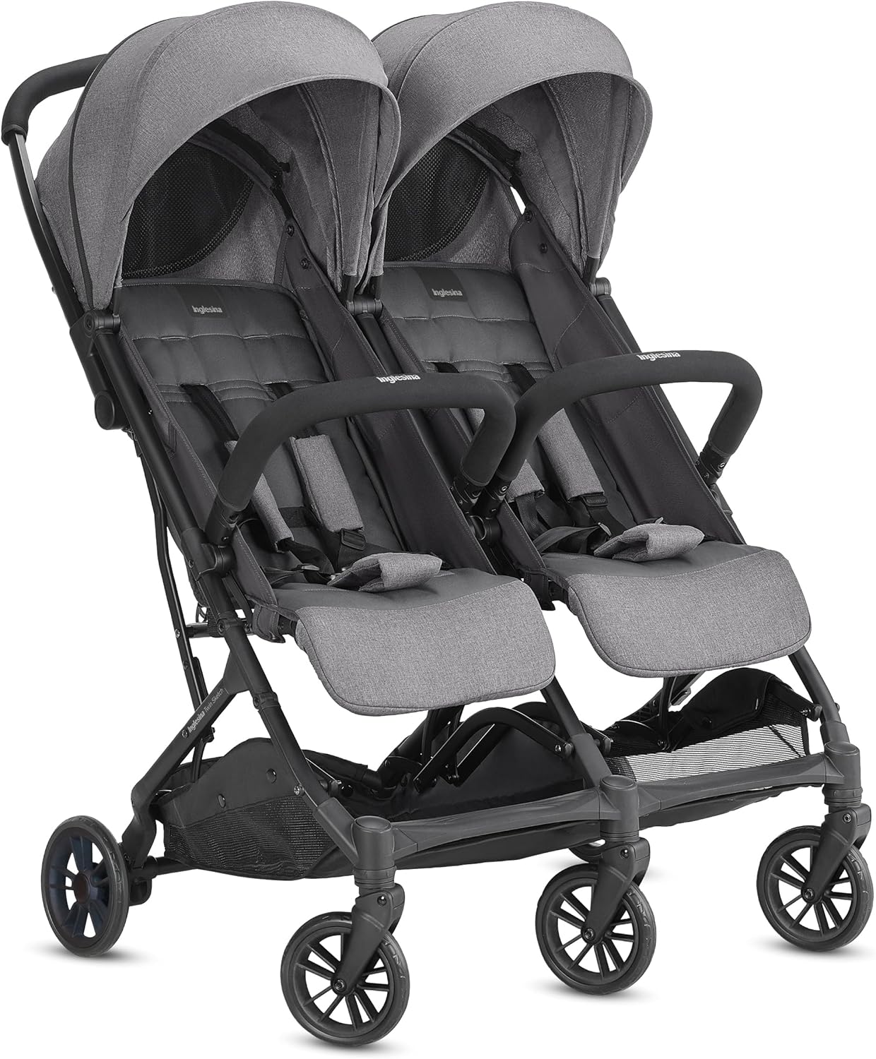 Cochecito doble gris ultraligero y compacto para gemelos o hermanos con arnés 5 puntos y carga máxima 15 kg-Nookgetly