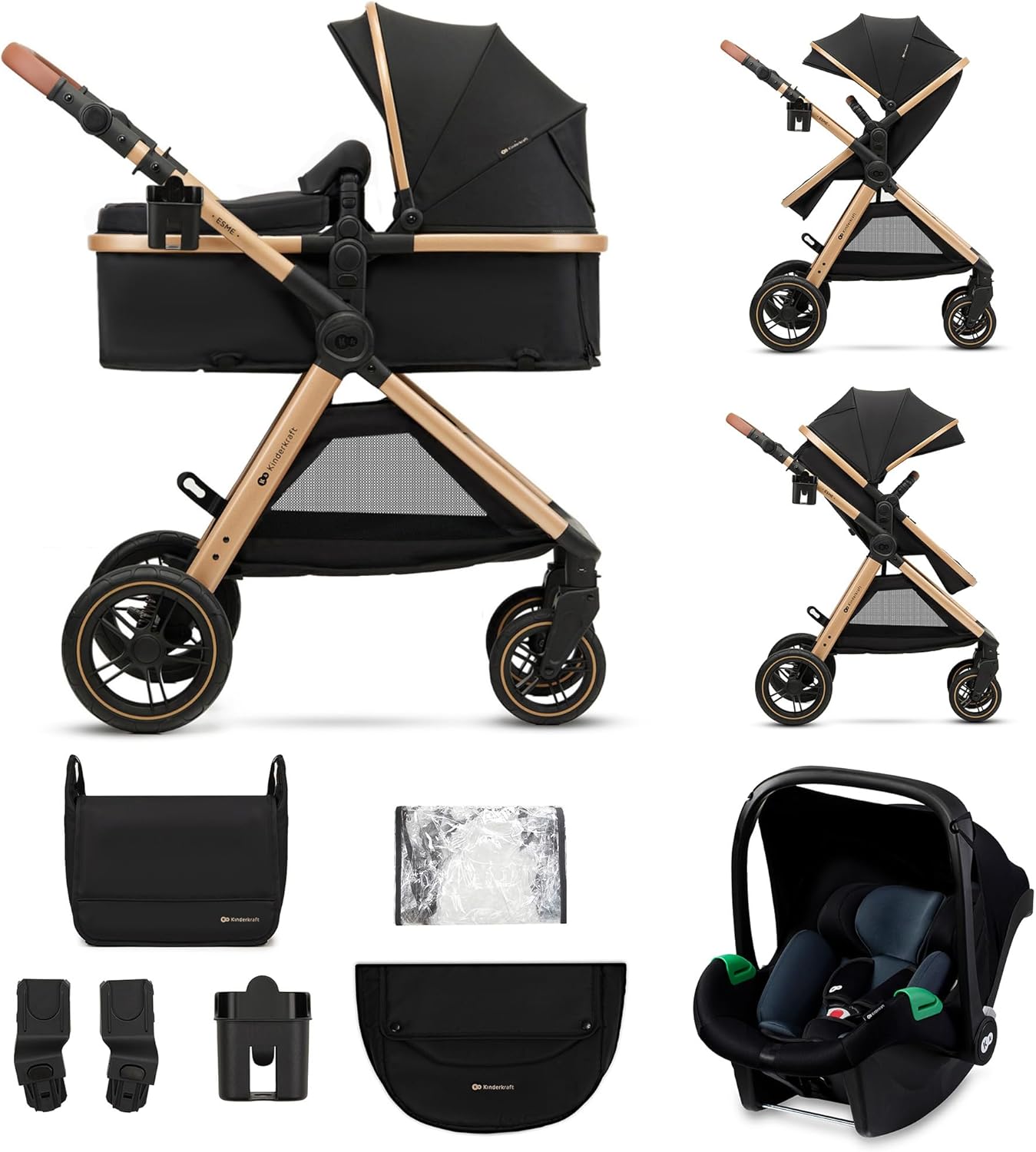Kinderkraft ESME carrito bebé 3 en 1 con portabebés Mink PRO i-Size, sistema de viaje plegable para recién nacido hasta 4 años, cochecito modular negro-Nookgetly