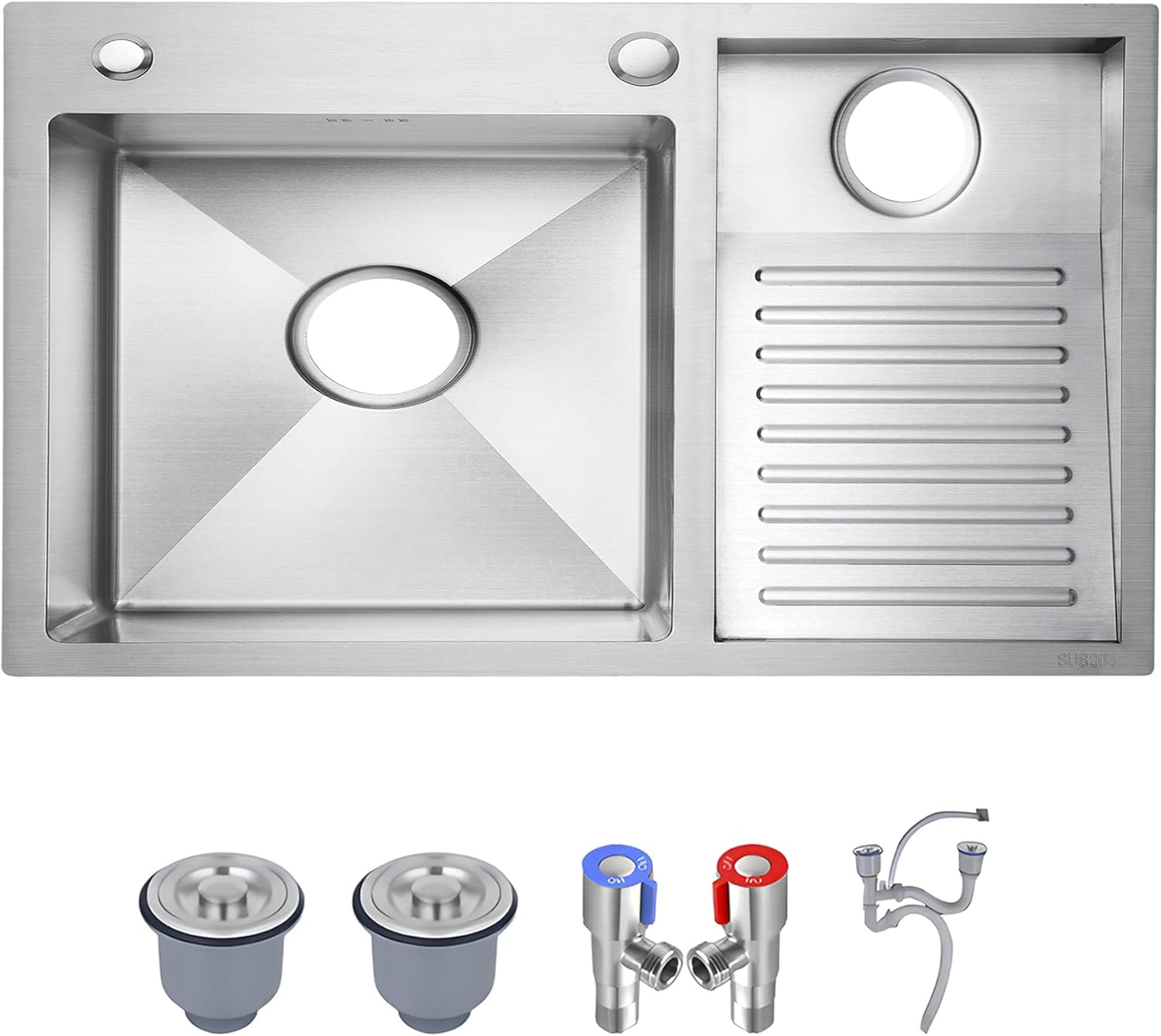 Lavadero de acero inoxidable SUS304 con tabla de lavar y doble cubeta, lavabo empotrado para casa, piscina, balcón o exterior, varios tamaños-Nookgetly