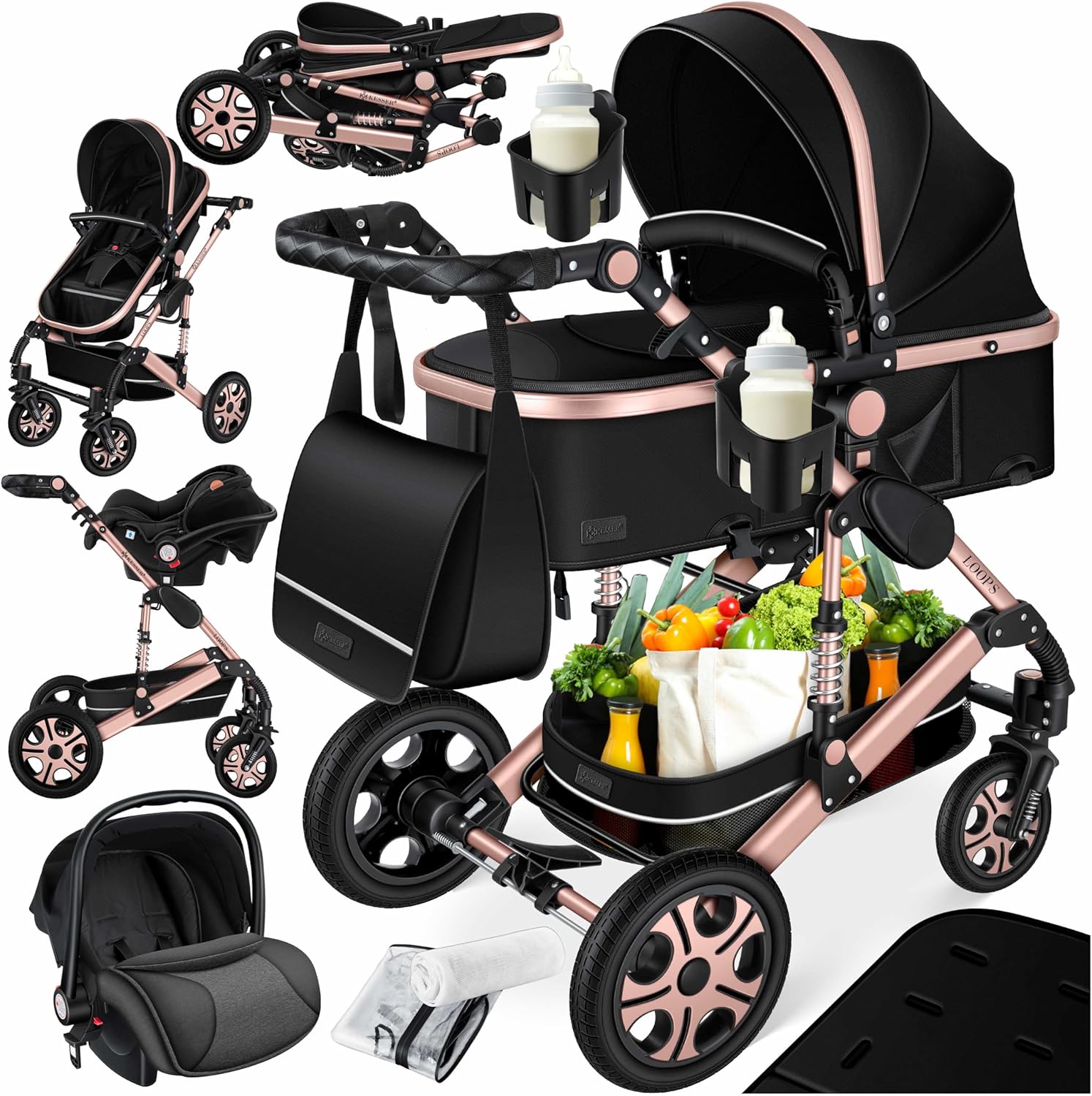 Cochecito 3 en 1 negro y oro rosado con capazo asiento deportivo neumáticos de caucho macizo y bolso cambiador-Nookgetly
