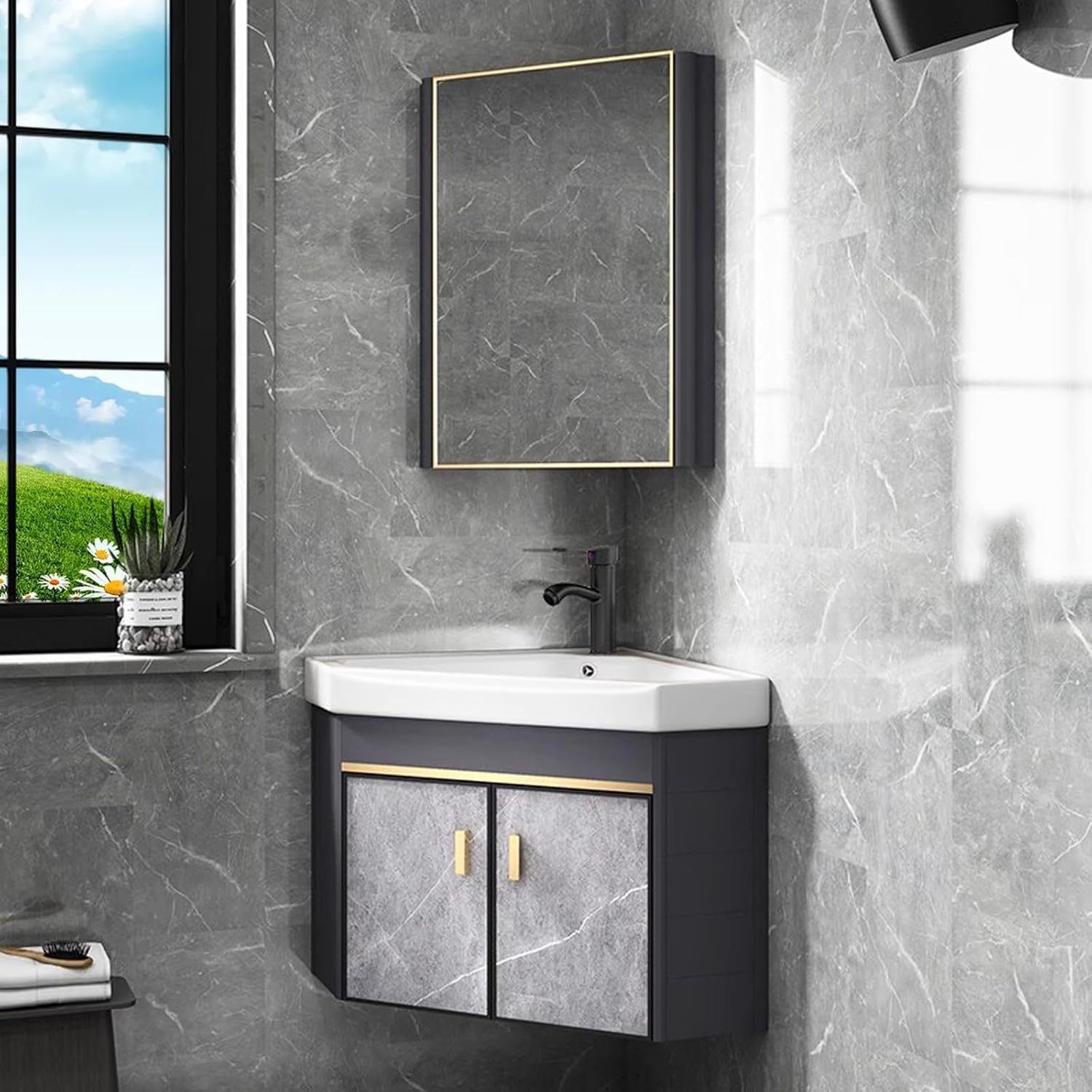 Armario de tocador de baño esquinero con fregadero y armario con espejo, conjunto de lavabo mural para espacios pequeños-Nookgetly