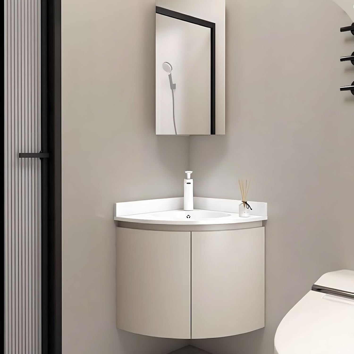 Mueble de baño esquinero con fregadero de pared, espejo con luz y almacenamiento, armario pequeño moderno para baño-Nookgetly
