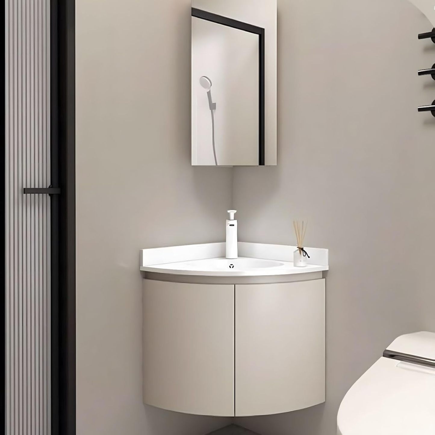 Mueble de baño esquinero con fregadero de pared, espejo con luz y almacenamiento, armario pequeño moderno para baño-Nookgetly