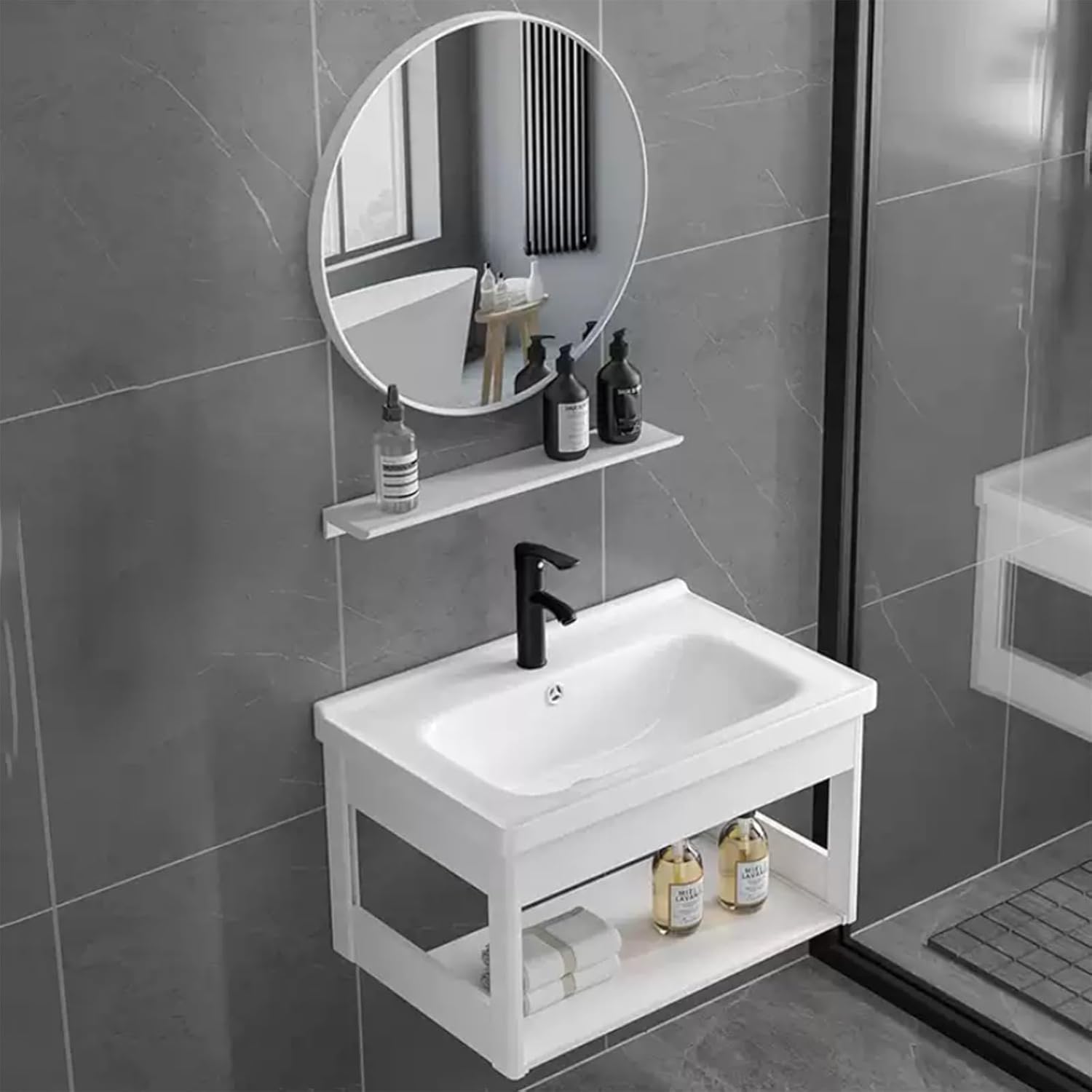 Conjunto de tocador de baño mural con lavabo compacto y espejo, mueble lavabo para apartamentos pequeños, balcones y espacios reducidos, 71x48x38 cm-Nookgetly