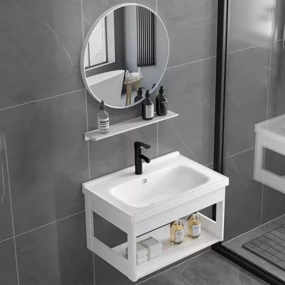 Conjunto de tocador de baño mural con lavabo compacto y espejo, mueble lavabo para apartamentos pequeños, balcones y espacios reducidos, 71x48x38 cm-Nookgetly