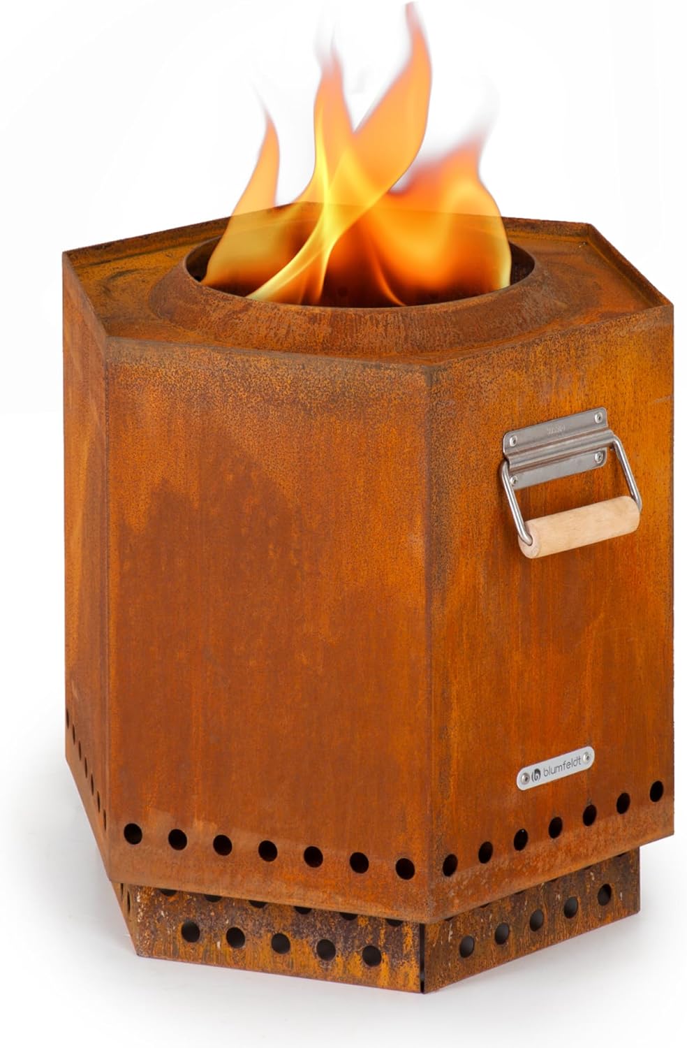 Cuenco de fuego móvil de acero inoxidable color cobre 50 x 50 x 45 cm con cubierta de lluvia asas de madera y vista 360 grados-Nookgetly