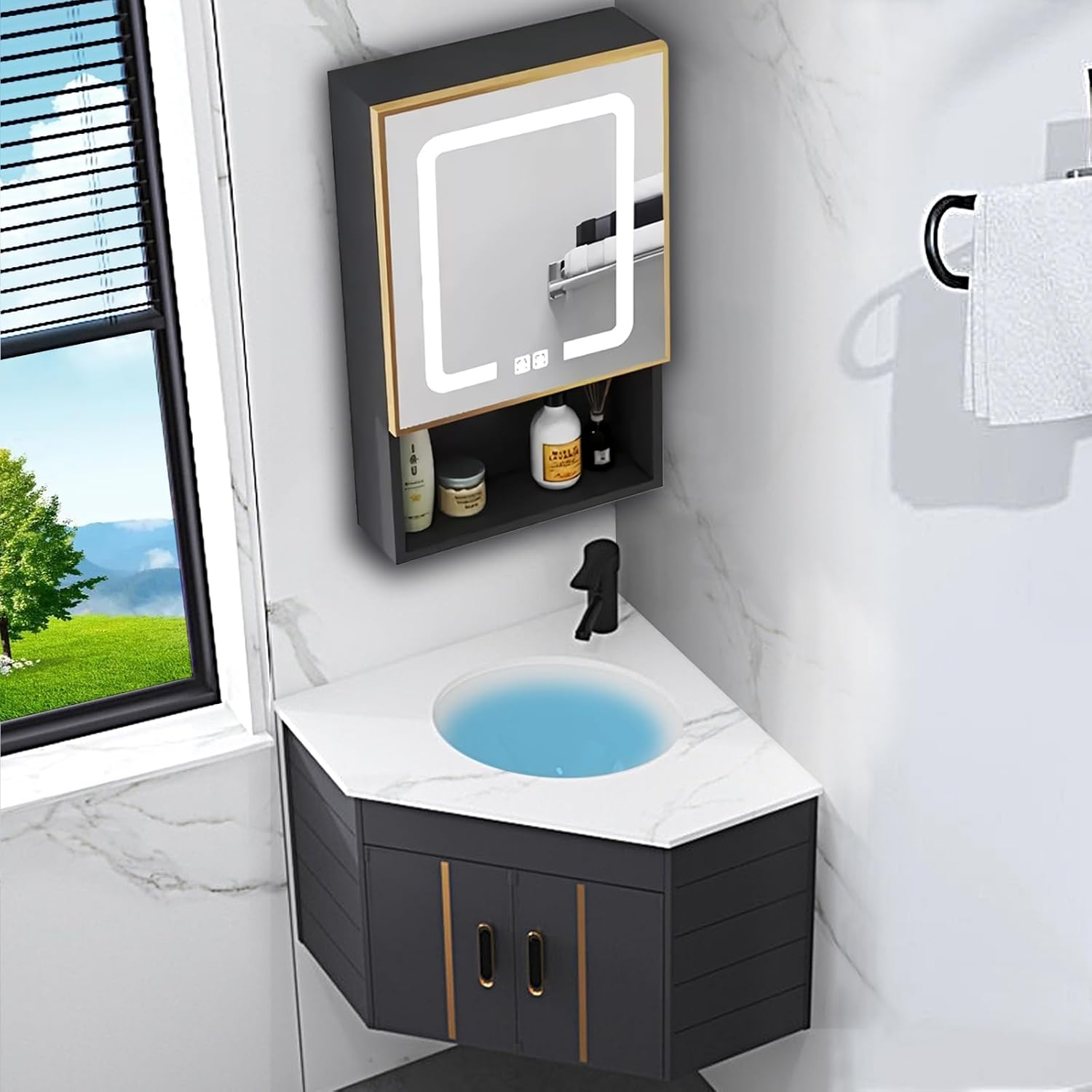 Mueble de baño esquinero mural con lavabo cerámico armario espejo LED antivaho grifo y desagüe para espacio pequeño-Nookgetly