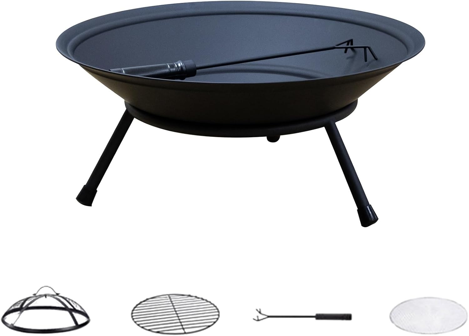 Cuenco de hoguera de hierro fundido con soporte,tapa,atizador,parrilla y estante para patio,porche,camping y barbacoa-Nookgetly