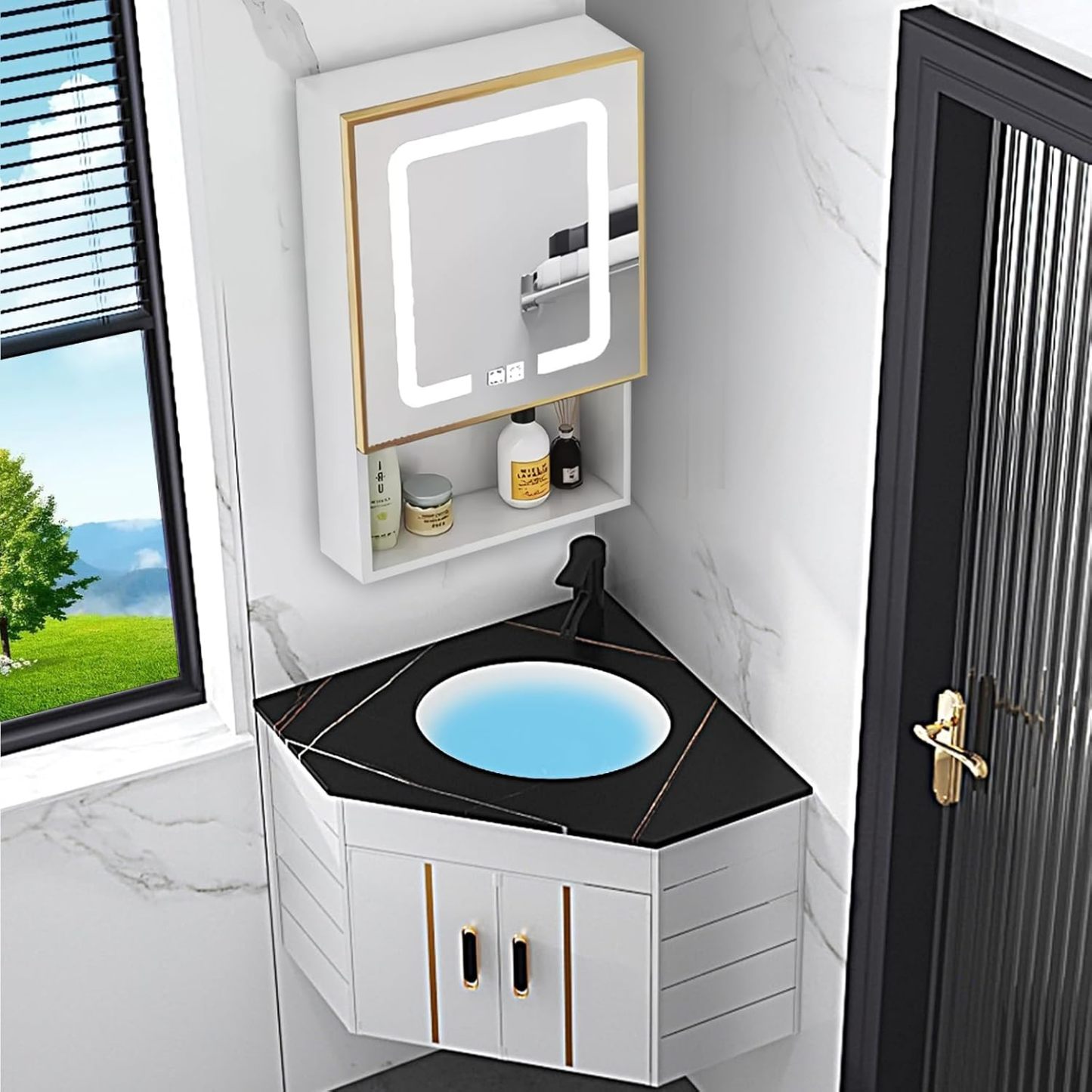 Tocador de baño esquinero con fregadero cerámico armario espejo LED antivaho y almacenamiento para hogar cocina y patio-Nookgetly