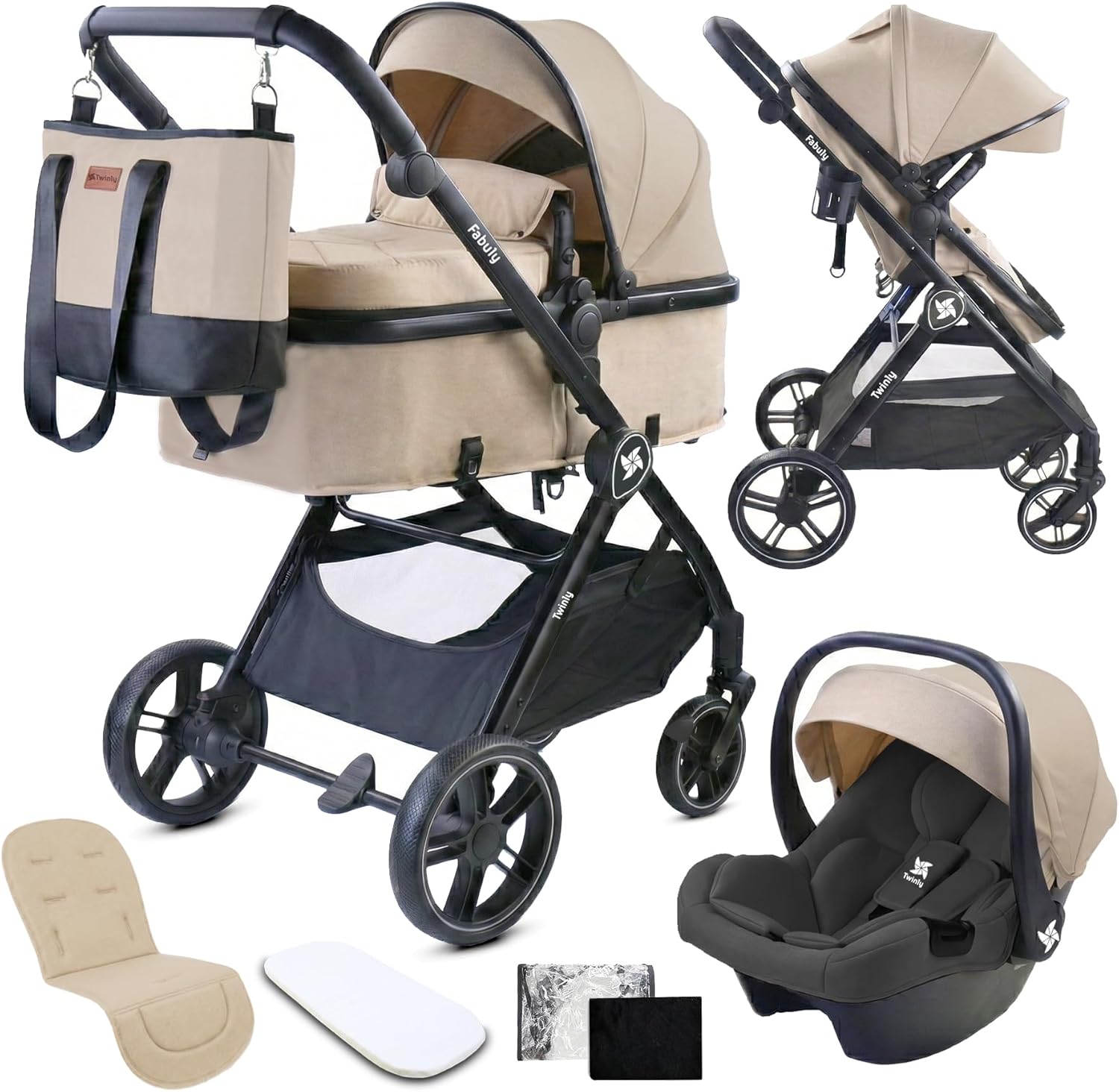 Cochecito bebé 3 en 1 con silla de coche i-Size, silla de paseo reversible, capazo con capota XXL y plegado compacto, incluye bolso, mosquitera y plástico de lluvia, beige-Nookgetly