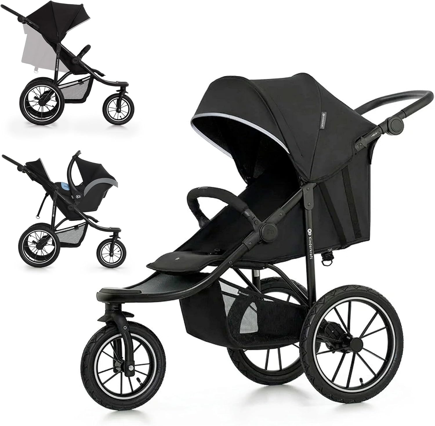 Silla de paseo jogger negra 3 ruedas para todo terreno desde nacimiento hasta 22 kg con ruedas neumáticas y cesta grande-Nookgetly