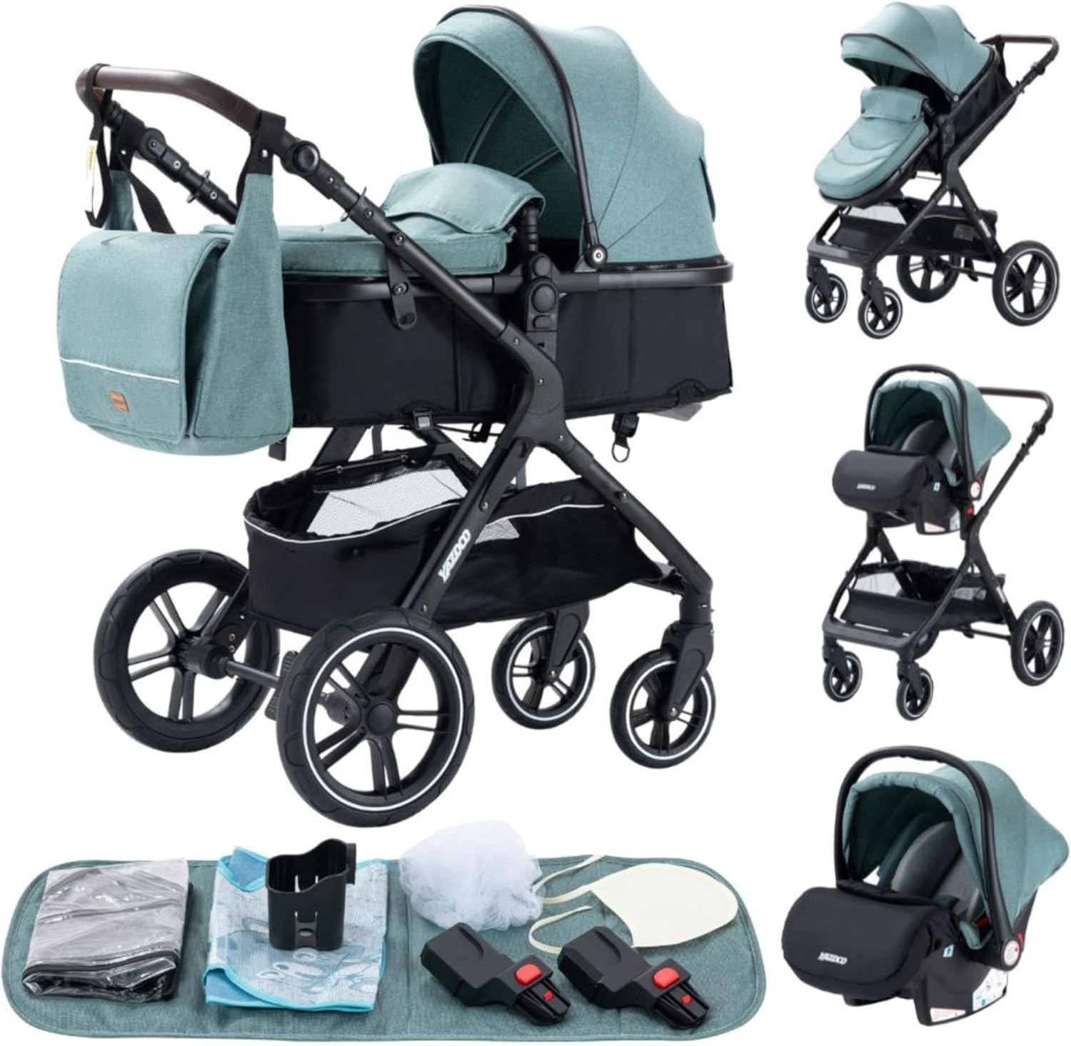Carrito bebé 3 en 1 verde todoterreno de lujo 0-36 kg con chasis aluminio plegado compacto y accesorios cómodos-Nookgetly