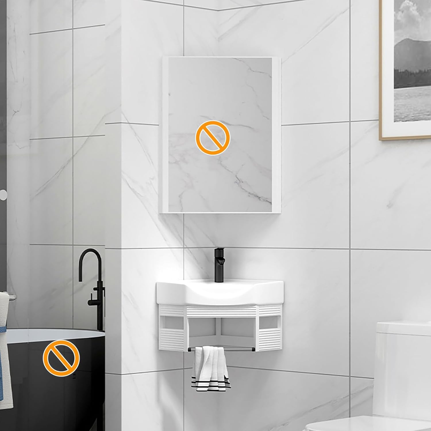 Lavabo triangular de cerámica blanco 15 x 15 in para pared con recipiente de almacenamiento para baño e inodoros-Nookgetly