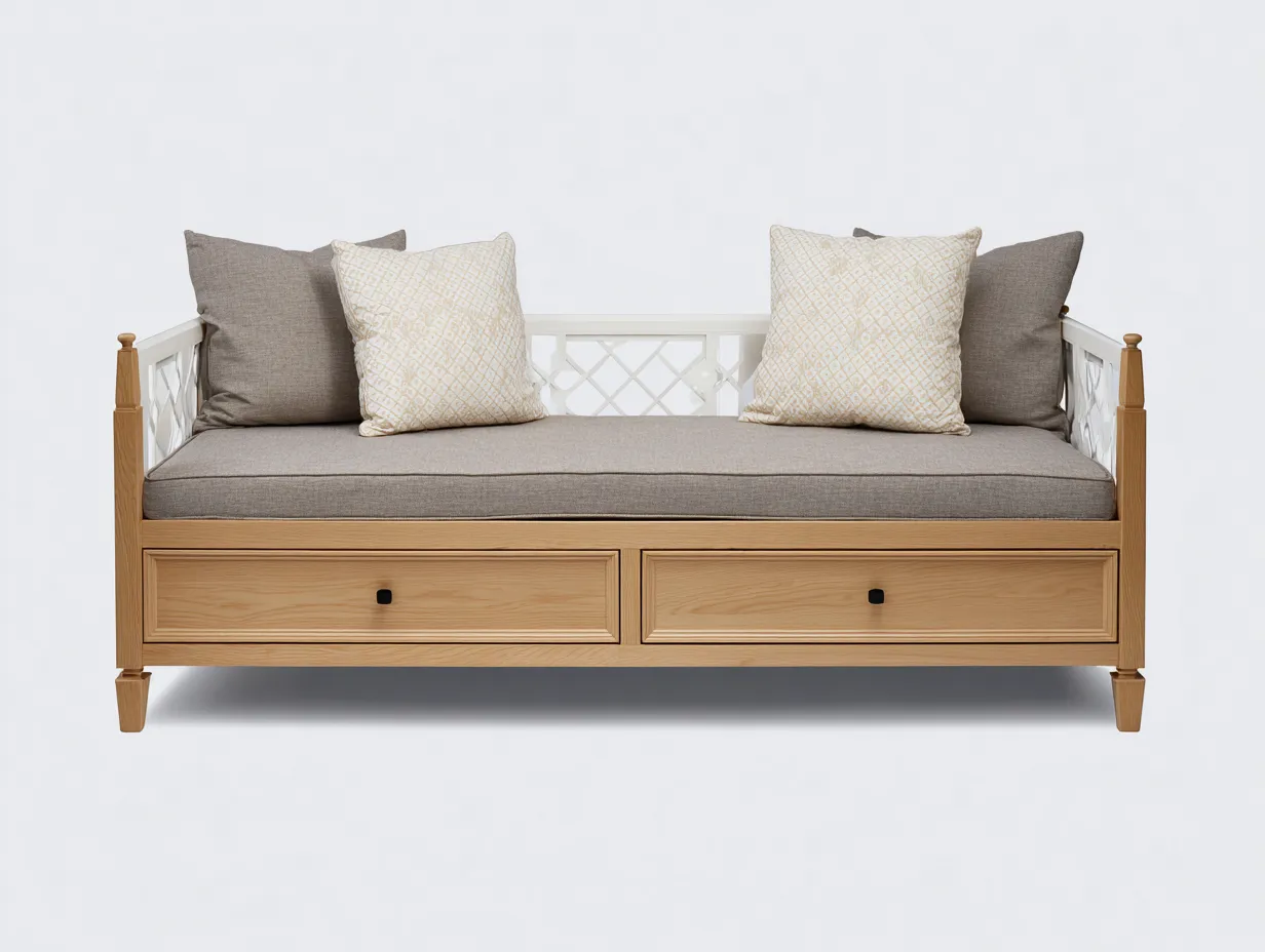 Sofás cama de madera con 2 cajones 200x90x85 cm - Beige - Estilo clásico para salón-Nookgetly