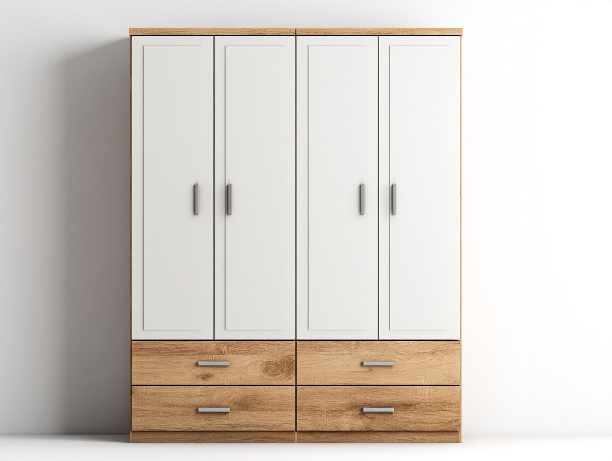 Armario de cuatro puertas con 4 cajones 200x60x200 cm - blanco-marrón - almacenamiento para dormitorio - diseño moderno-Nookgetly