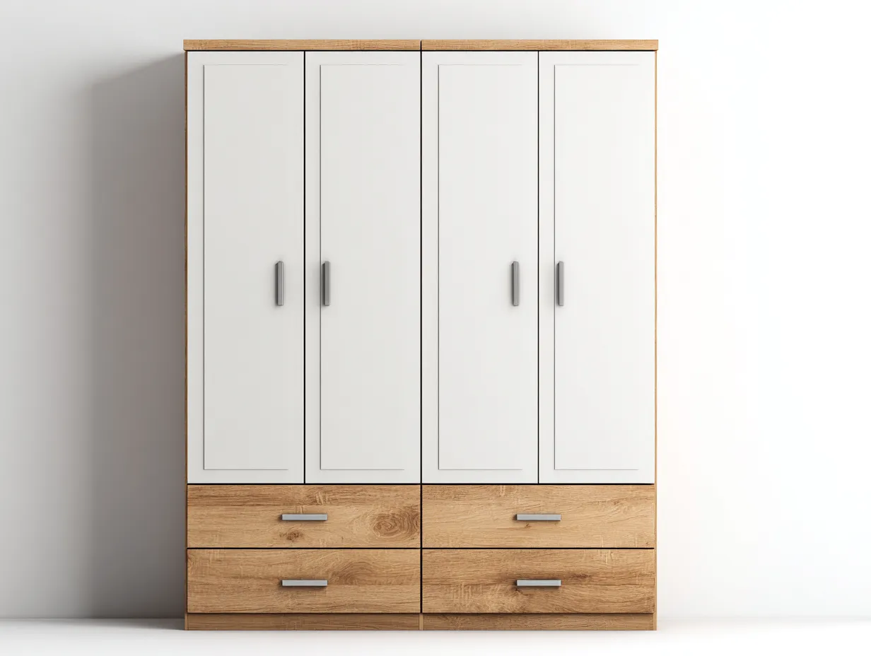 Armario de cuatro puertas con 4 cajones 200x60x200 cm - blanco-marrón - almacenamiento para dormitorio - diseño moderno-Nookgetly