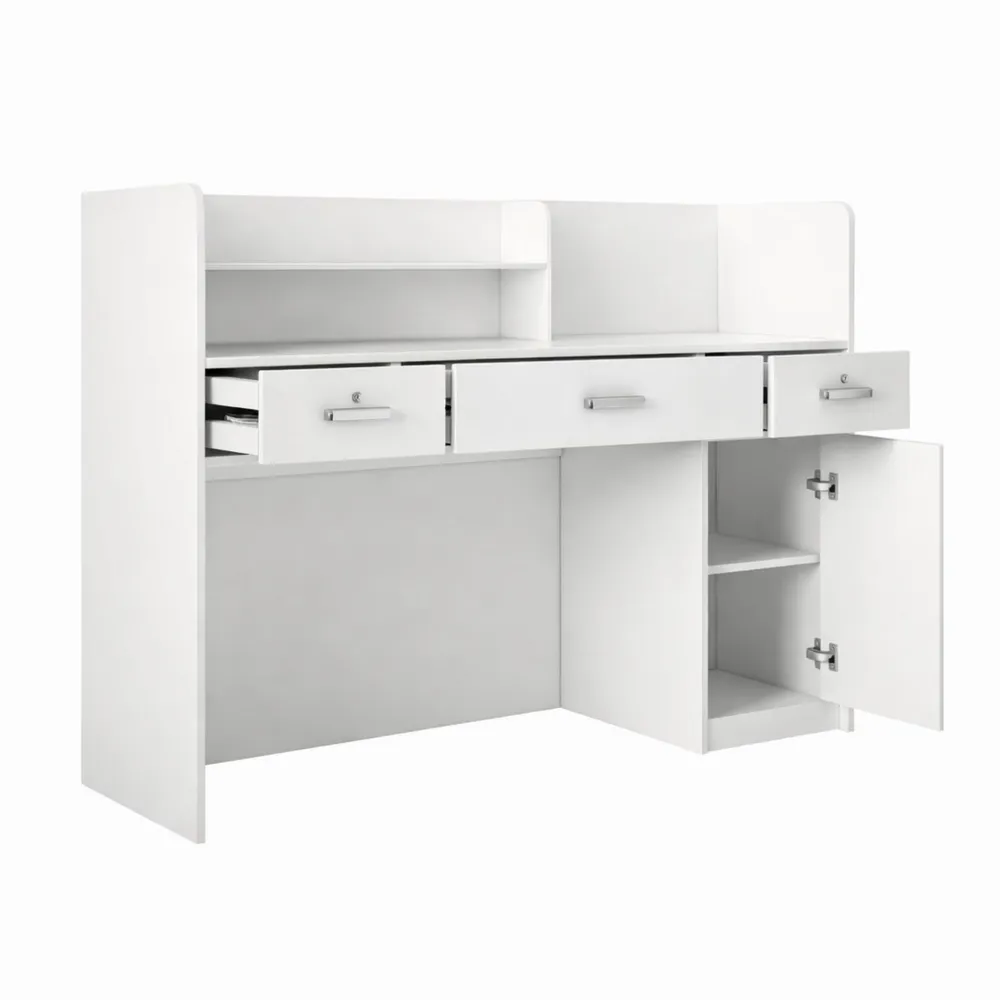 Banco reception con cassetti e ripiani per uffici aziendali, alberghi e negozi, bianco