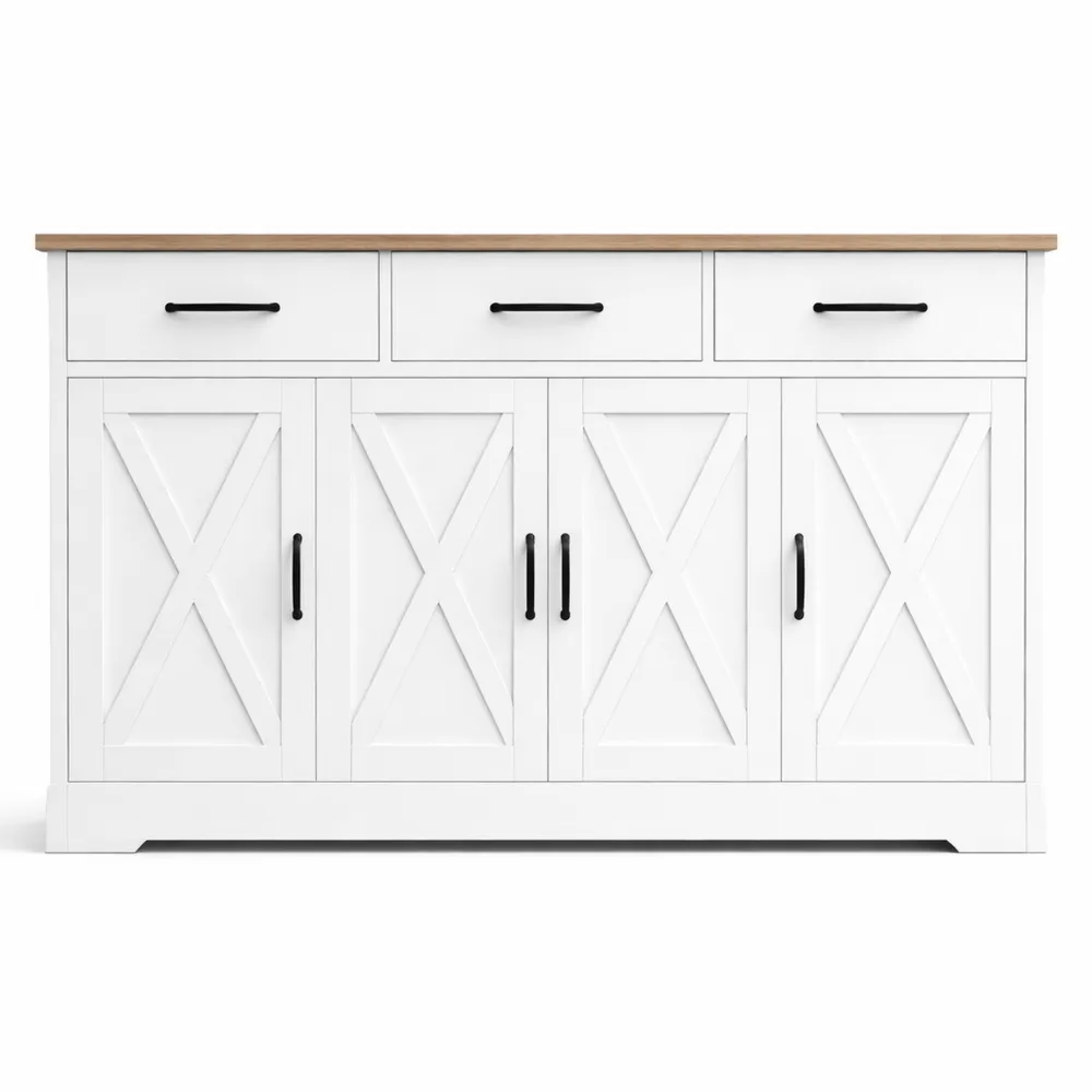 Credenza Moderna con Cassetti e Armadi per Cucina e Soggiorno, Bianco e Marrone