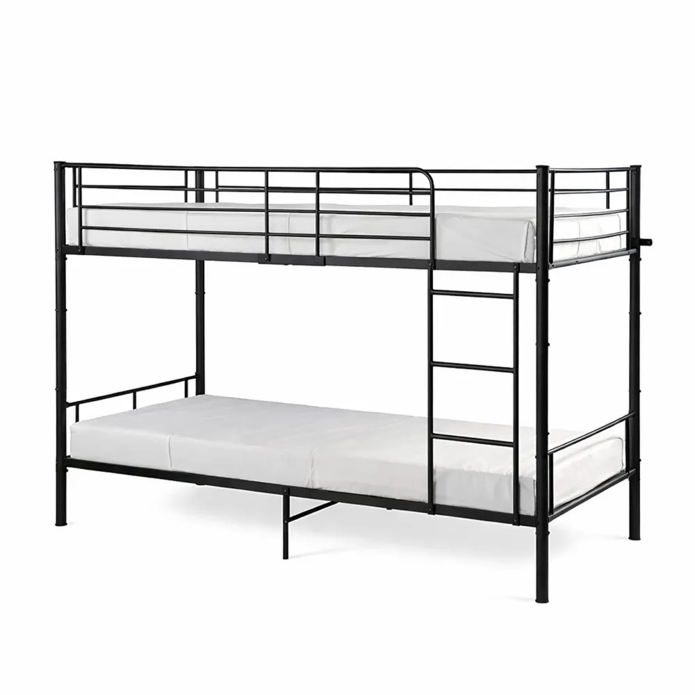 Letto a Castello in Metallo con Rete a Doghe e Scaletta, Protezione Anti-Caduta, Nero