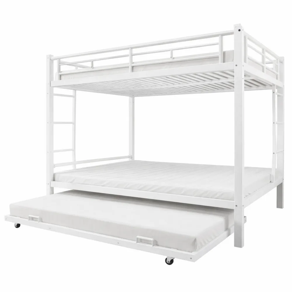 Letto a castello in ferro con letto estraibile e ringhiera alta 140x200 cm (senza materasso, bianco)