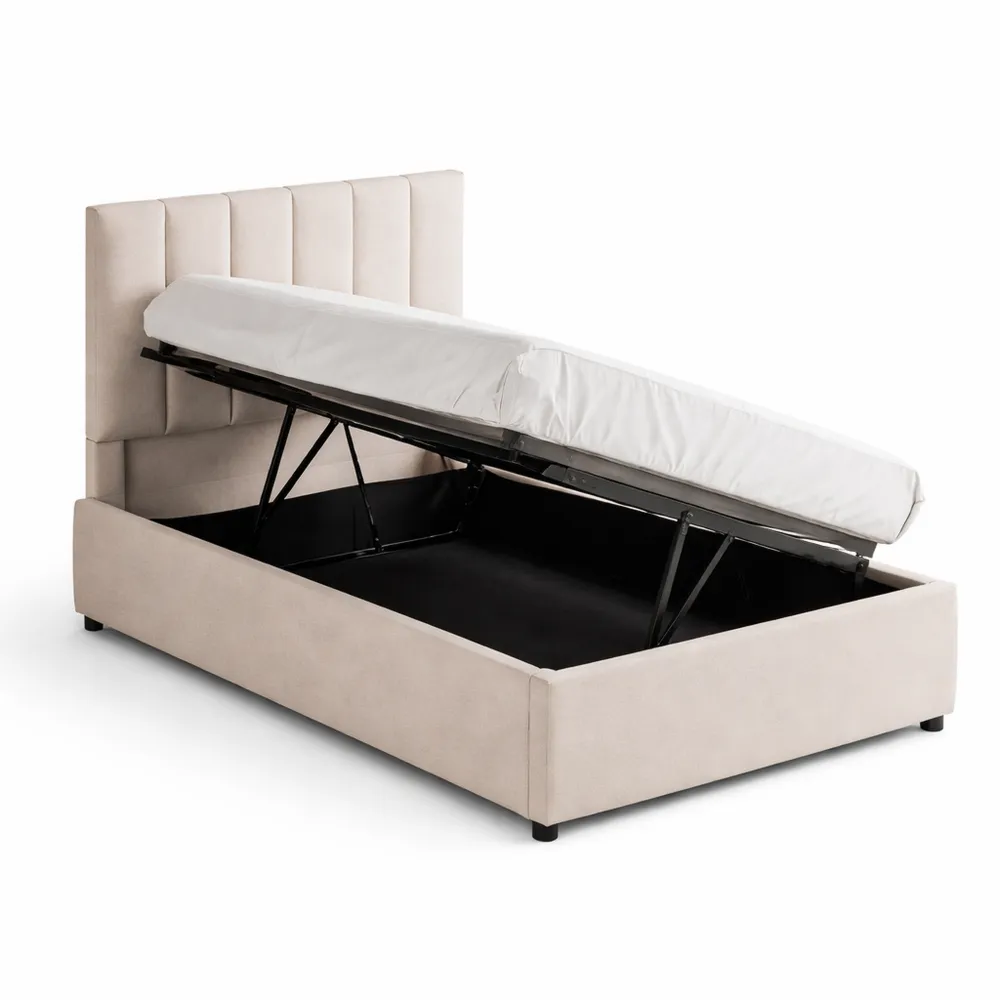 Letto Singolo 90x200 cm con Contenitore e Testiera in Lino Beige