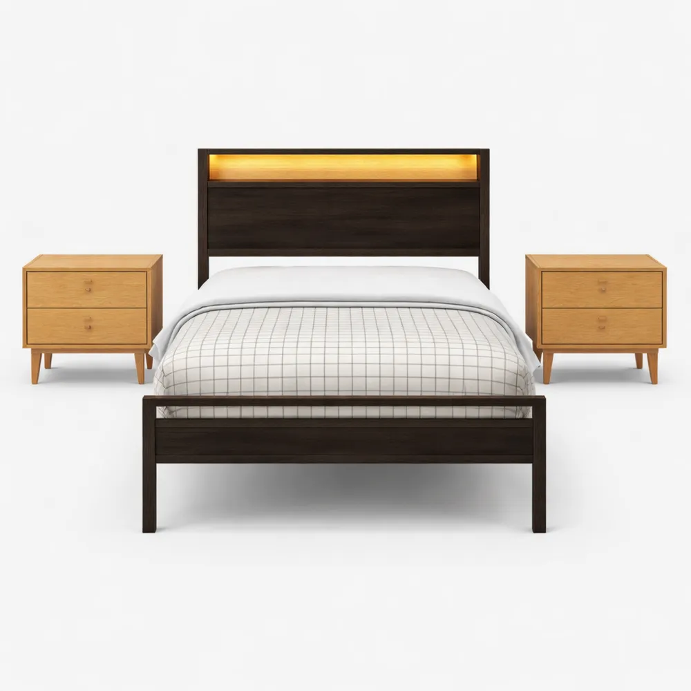 Letto singolo metallo e legno con funzione ricarica USB, nero