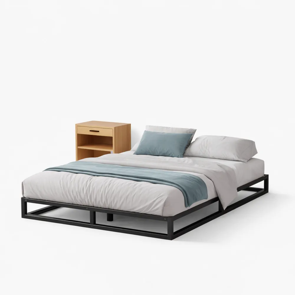 Letto Matrimoniale con Spazio Sotto e Doghe in Legno, Metallo, Nero, 140x200 cm