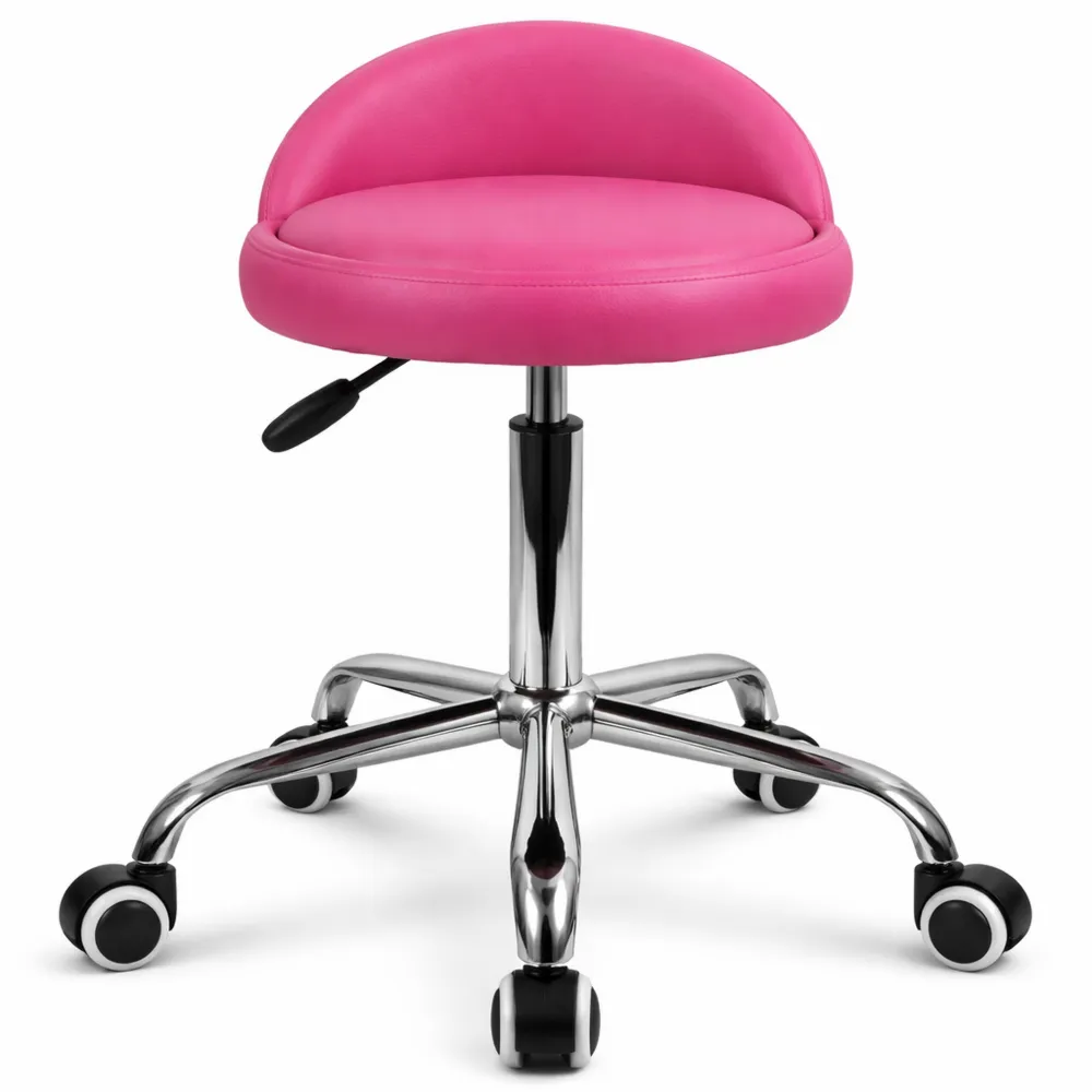 Sgabello Rotondo in Pelle PU con Schienale e Altezza Regolabile, Sedia da Lavoro Girevole con Ruote Magenta