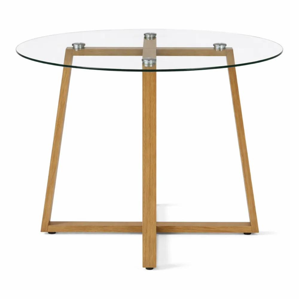 Tavolo da Pranzo Rotondo in Vetro con Gambe in Rovere, 80x80x75 cm