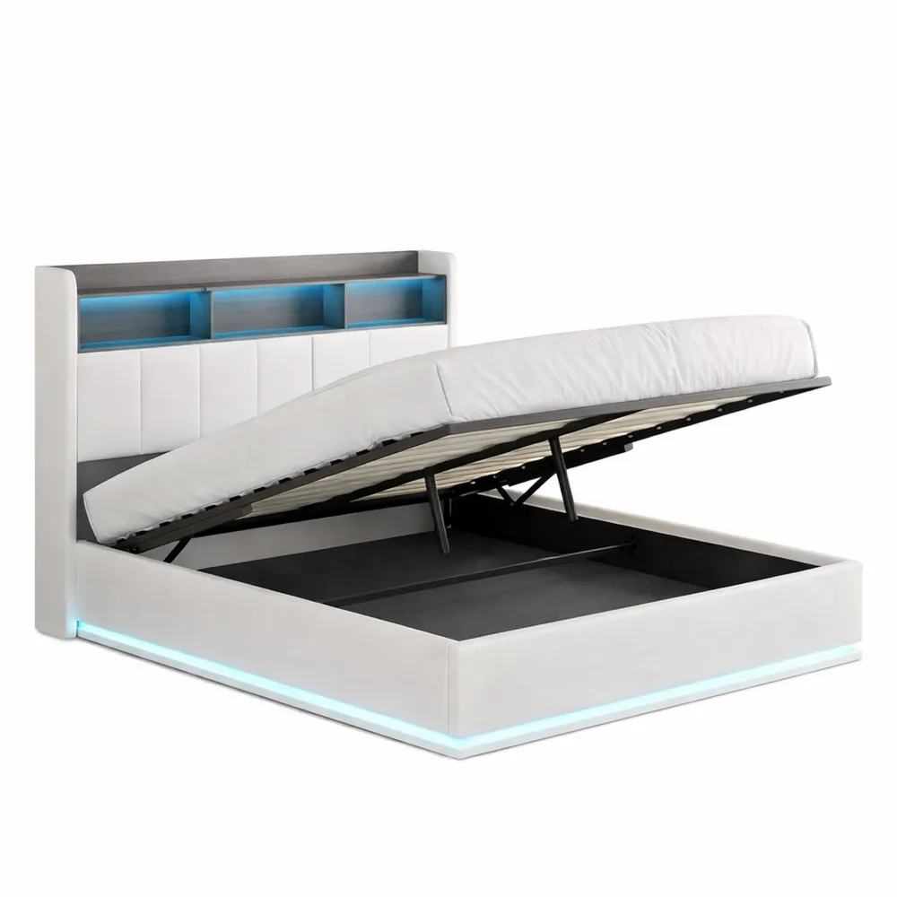 Letto con contenitore idraulico 140x190, illuminazione LED e porta USB