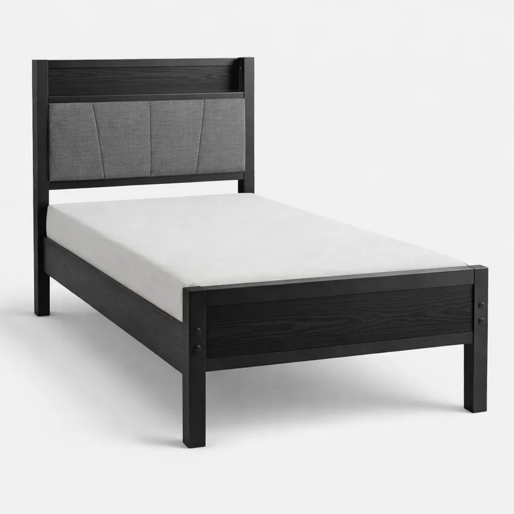 Letto singolo con testiera portaoggetti e struttura in metallo resistente