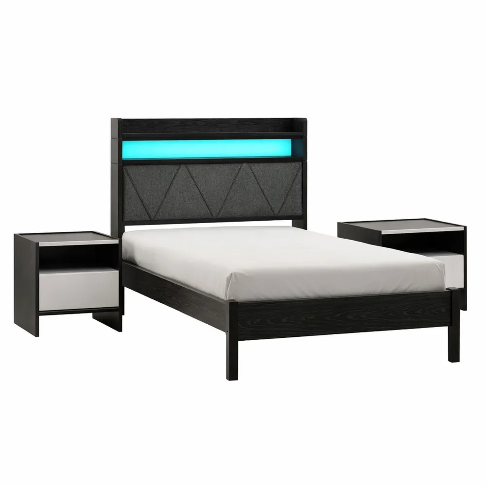 Struttura letto singolo con LED, testiera con spazio di archiviazione e stazione di ricarica, letto in metallo robusto