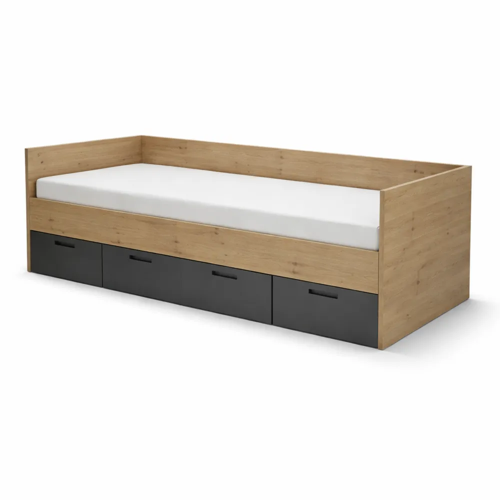 Letto singolo moderno con cassetti, 90 x 200 cm, in stile rovere