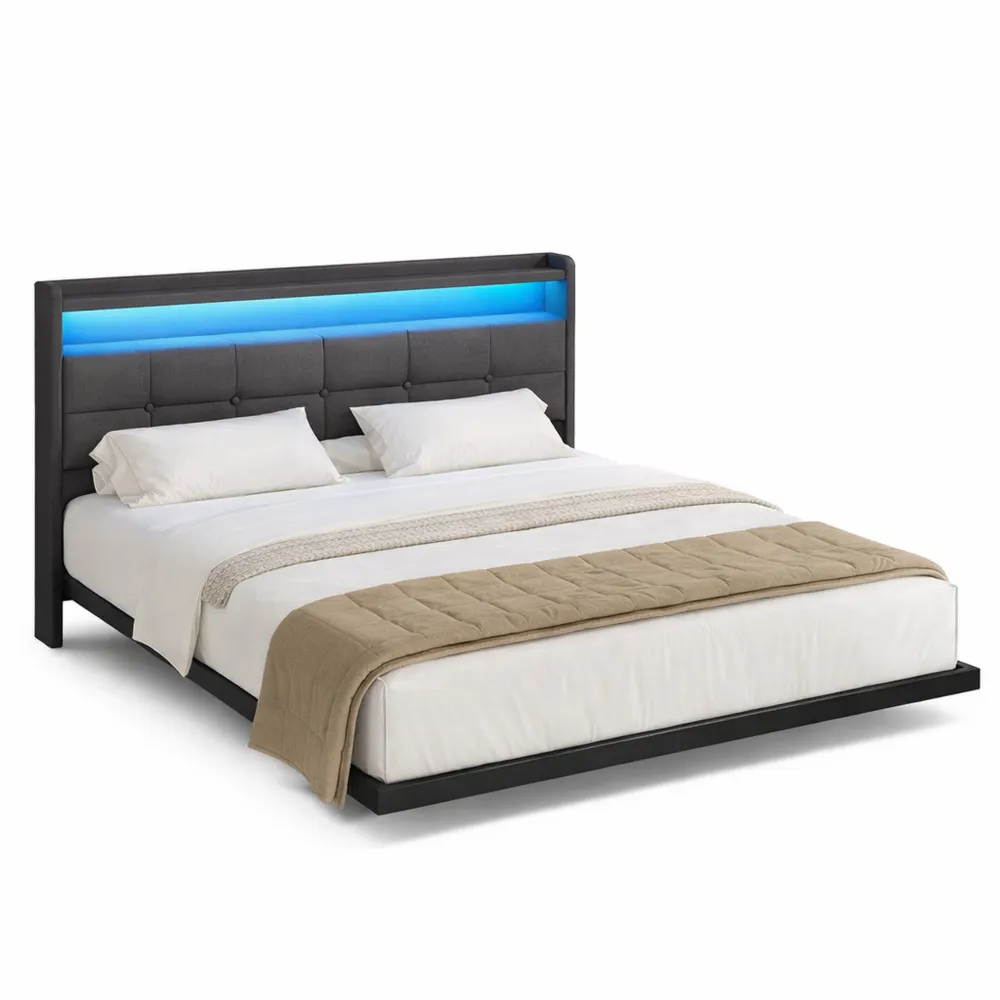 Letto Matrimoniale 160x200 cm con Illusione Ottica, Struttura con LED e Ricarica, Testiera Imbottita, Metallo, Grigio Scuro