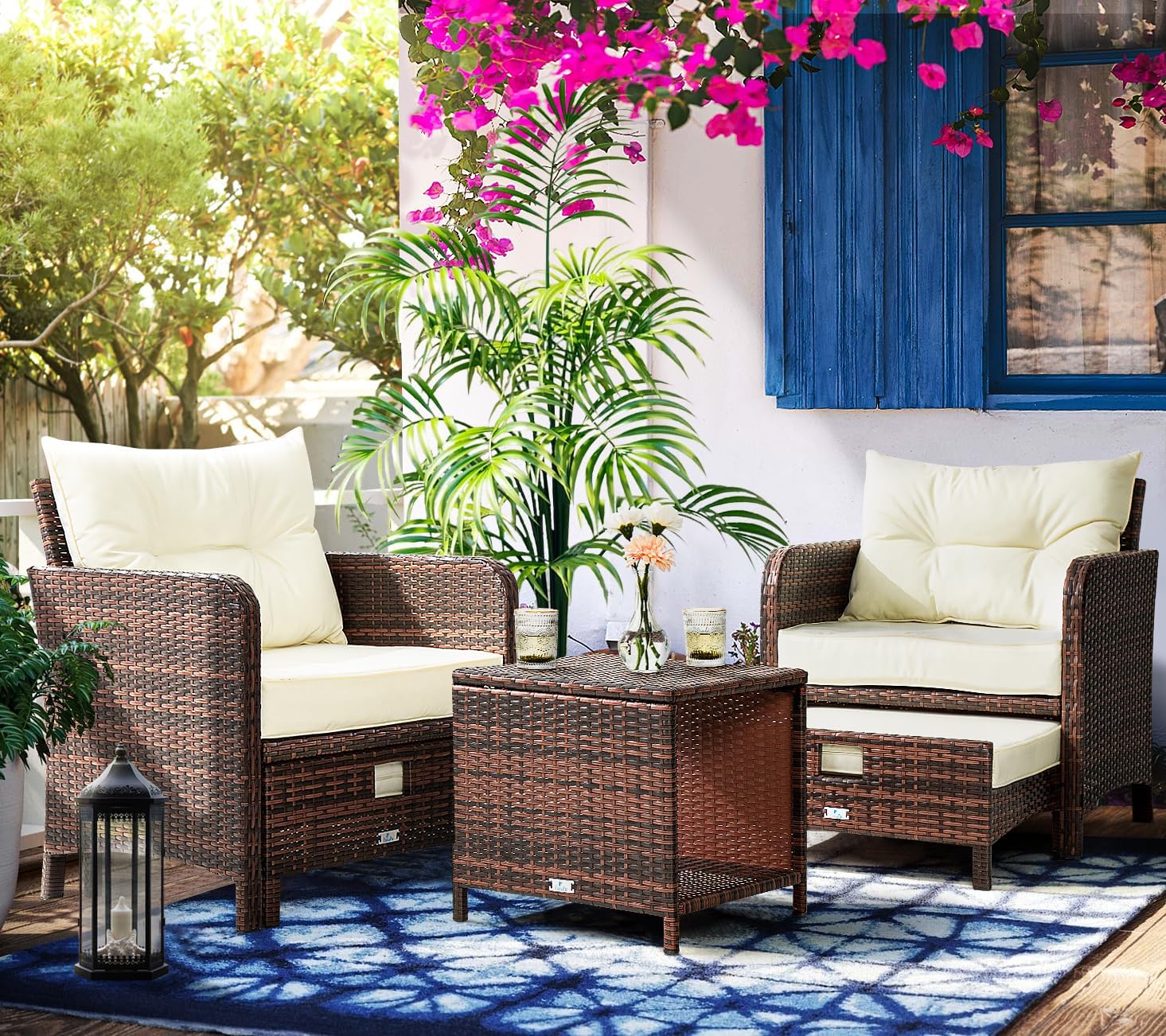 5 Pieces Patio Furniture Set, Rattan Balcony Furniture with Ottomans