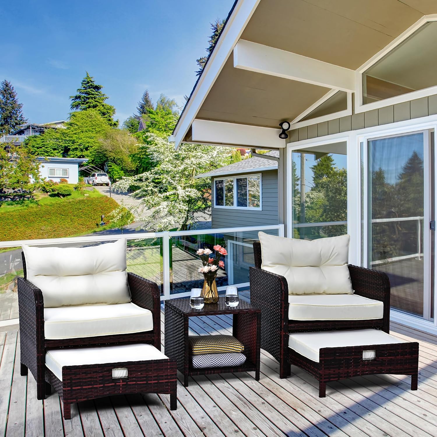 5 Pieces Patio Furniture Set, Rattan Balcony Furniture with Ottomans