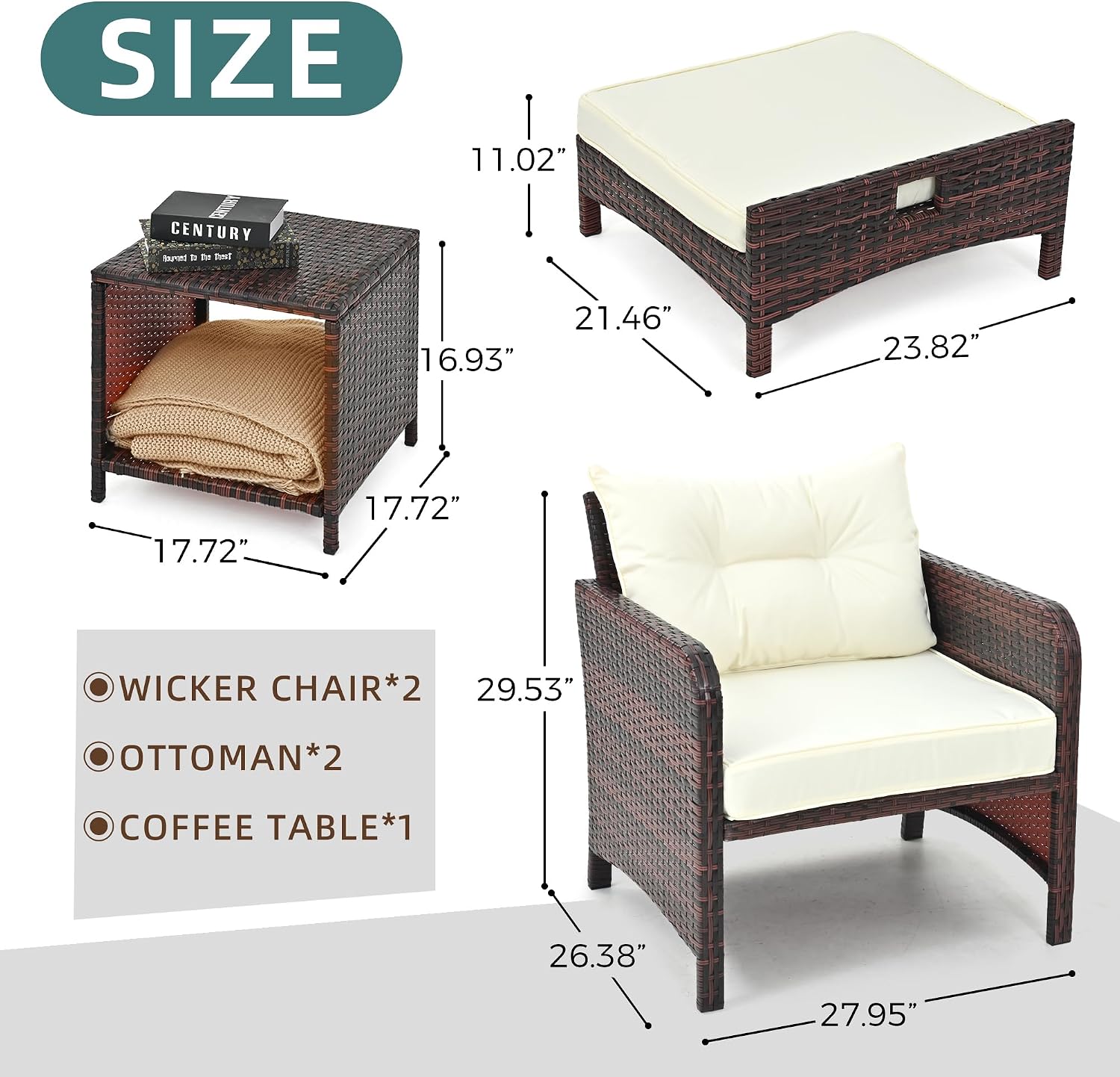 5 Pieces Patio Furniture Set, Rattan Balcony Furniture with Ottomans