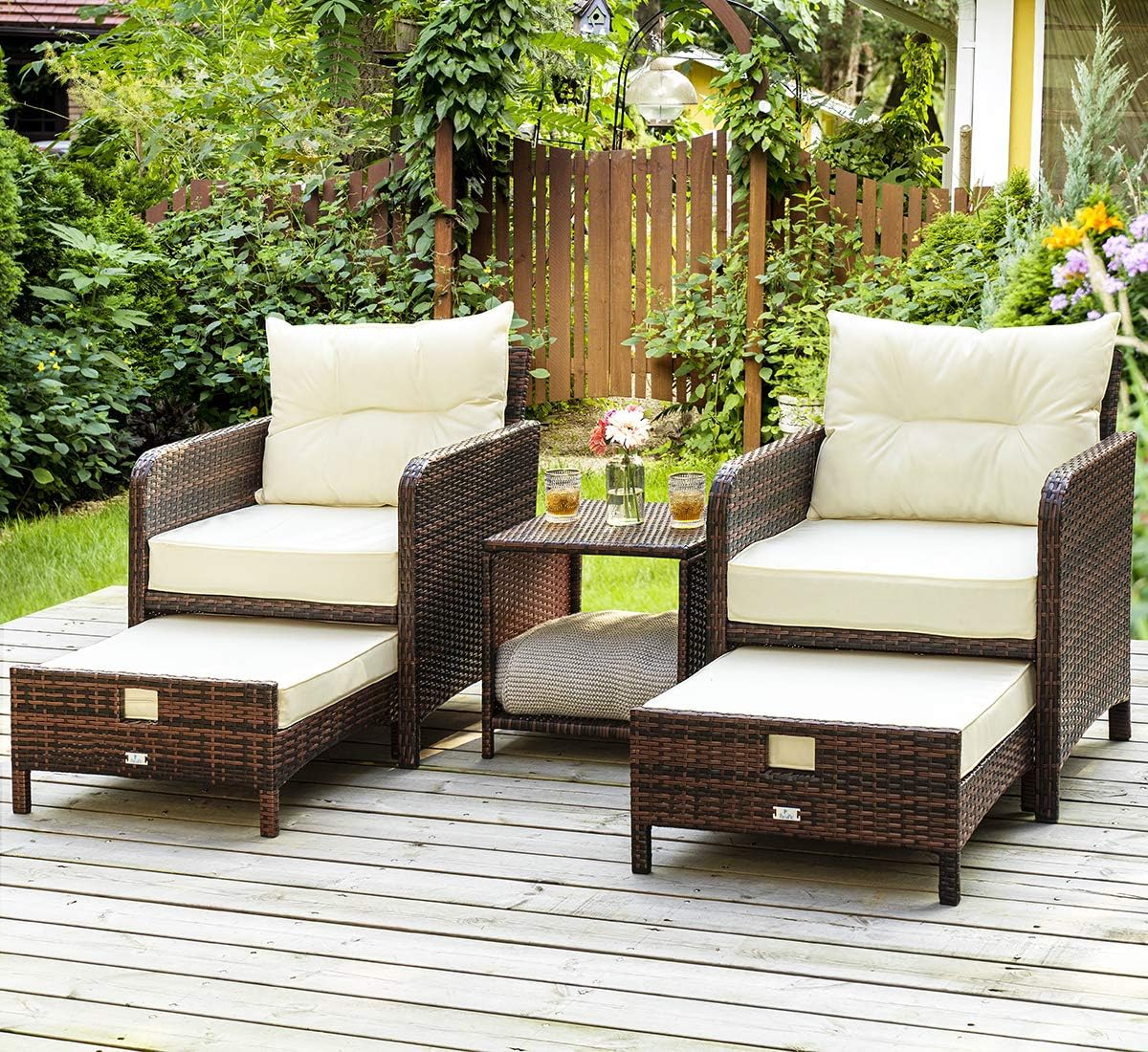 5 Pieces Patio Furniture Set, Rattan Balcony Furniture with Ottomans