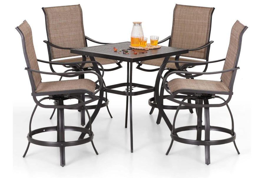 5 Piece Outdoor Bar Set, Counter Height Patio Bar Bistro Table and Swivel Bar Stools Chairs with All Weather Brown Textilene Fabric for Garden