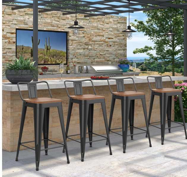 24" Outdoor Barstools Patio Stool Metal Bar Stools Set of 4 Counter Height Barstools with Wood Plastic Seat Industrial Bar Chairs Metal
